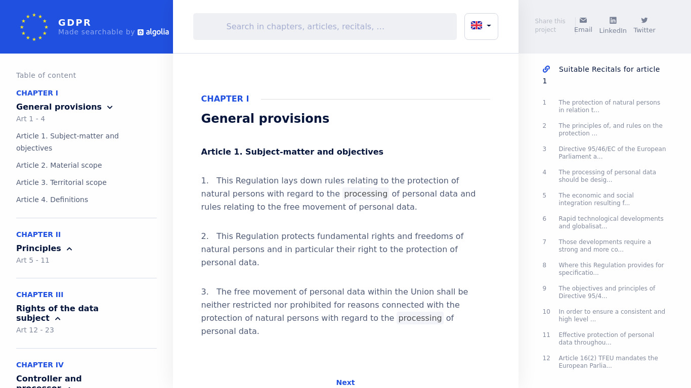 Searchable GDPR Landing page