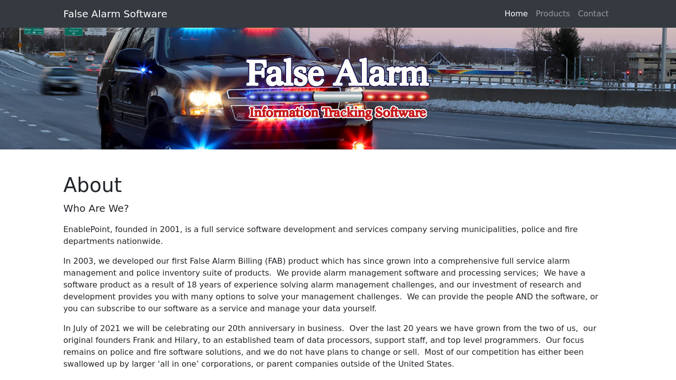 False Alarm Billing and Tracking Landing page