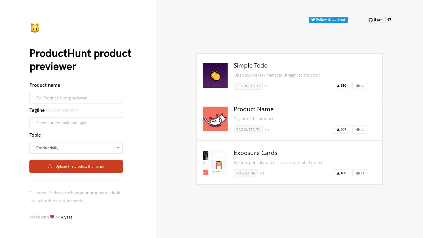 tcodina.com Product Hunt Previewer Landing page
