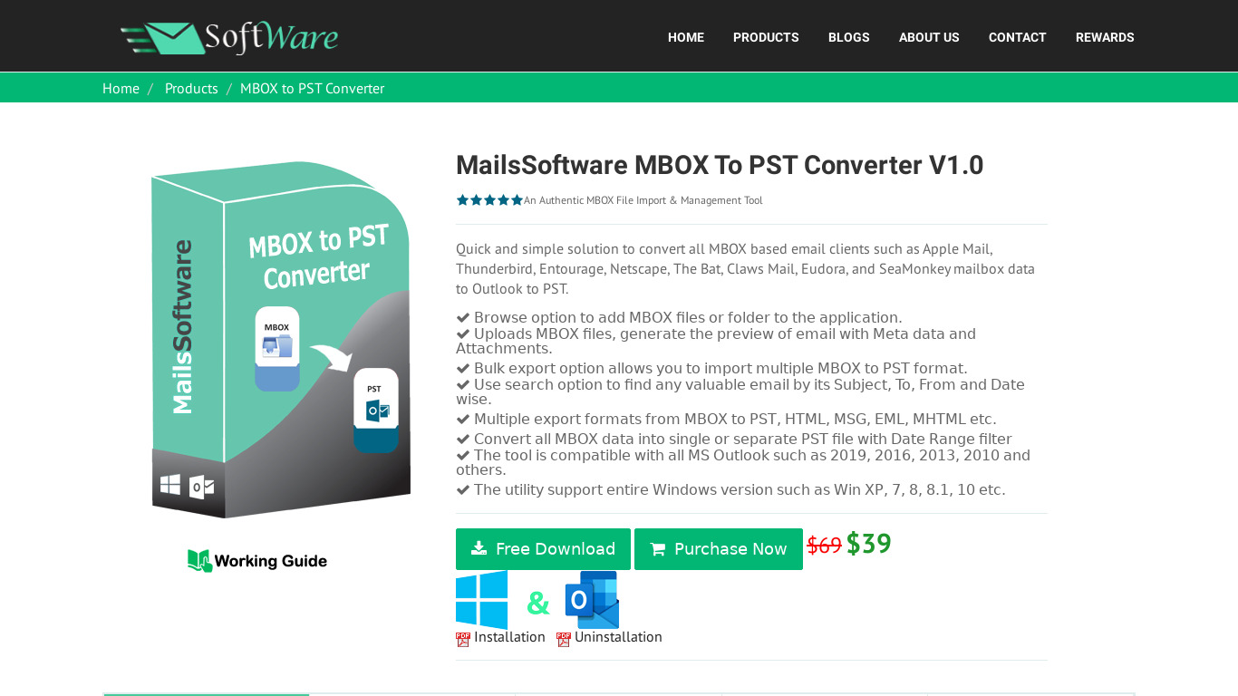 MailsSoftware MBOX to PST Converter Landing page