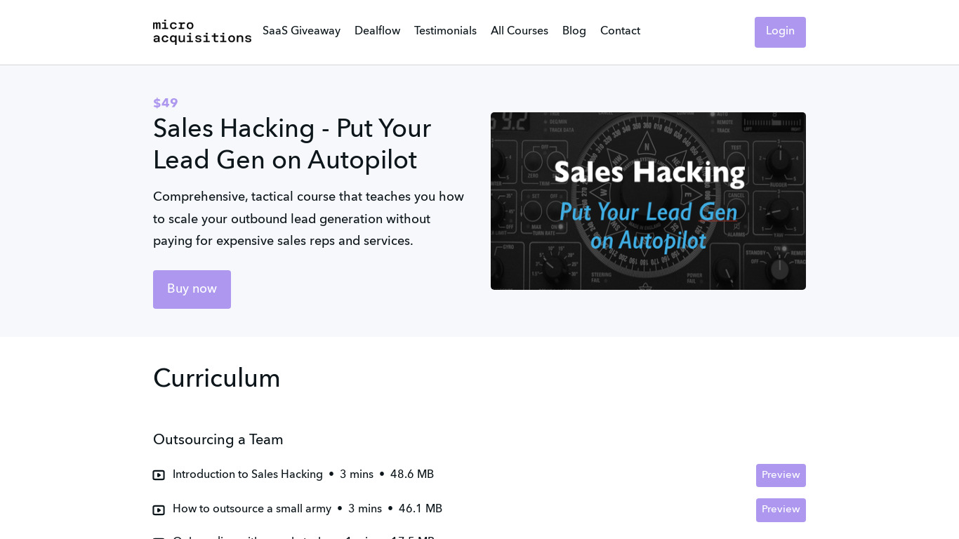 Sales Hacking Course Landing page