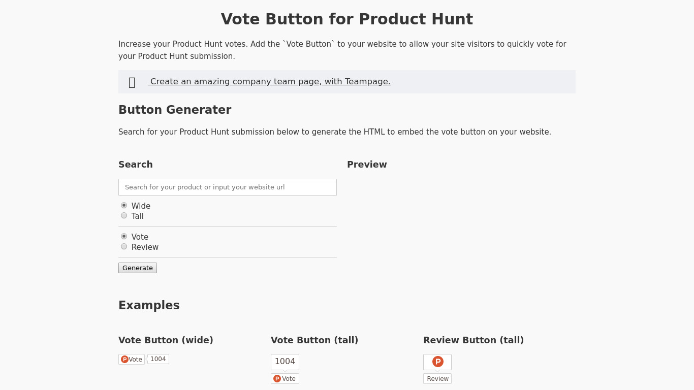 Vote Button for Product Hunt Landing page