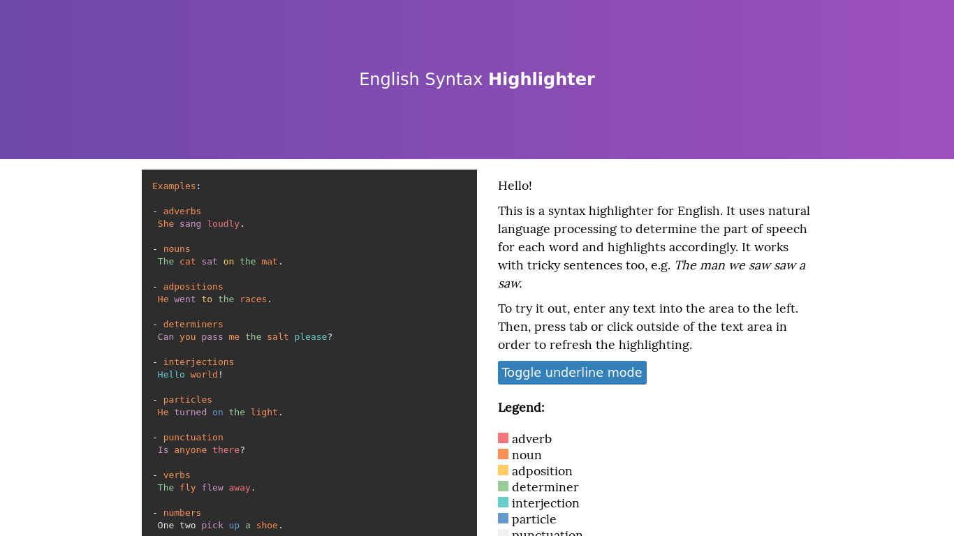 English Syntax Highlighter Landing page