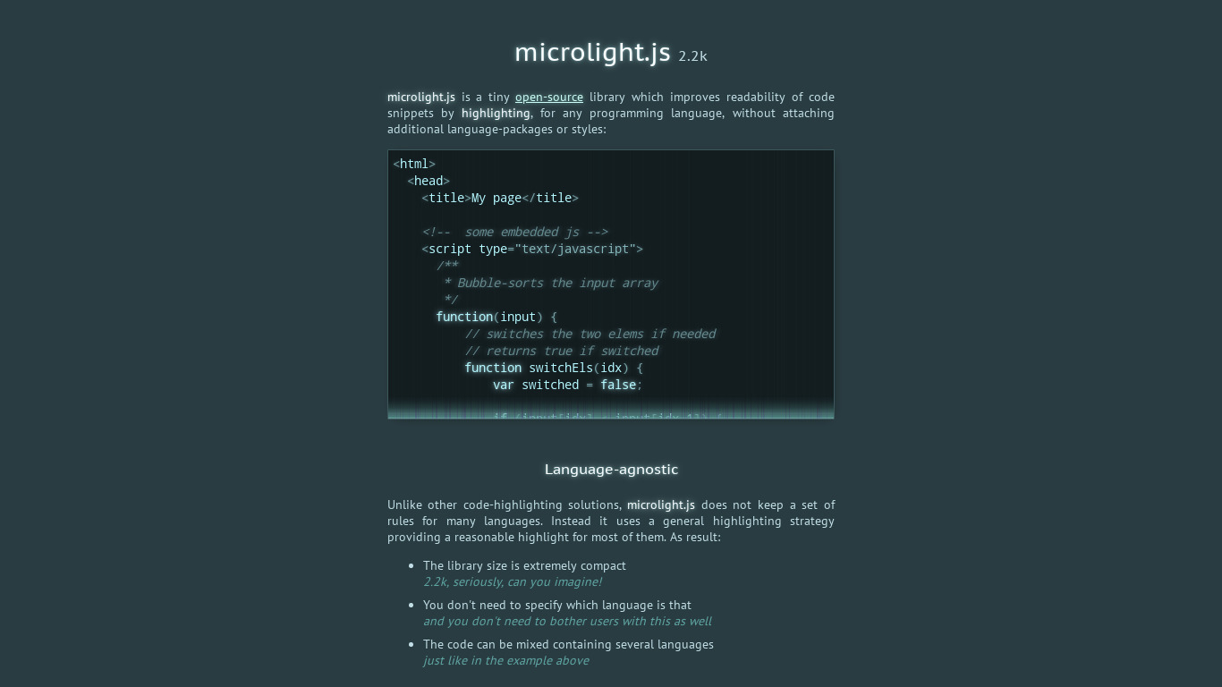 microlight.js Landing page