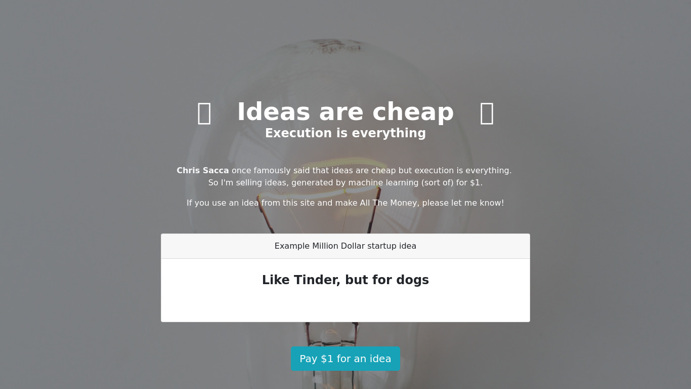 Ideas are Cheap Landing page