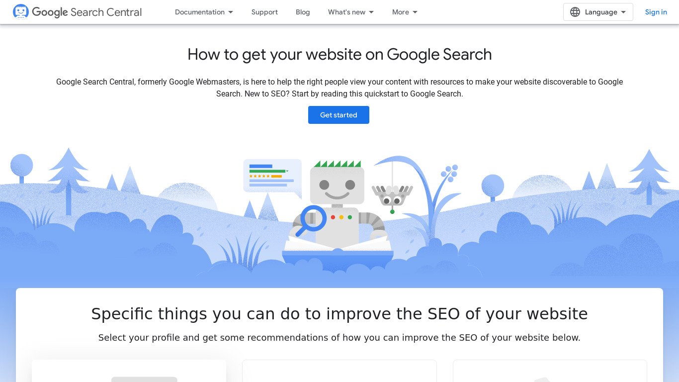 Google Webmasters Landing page