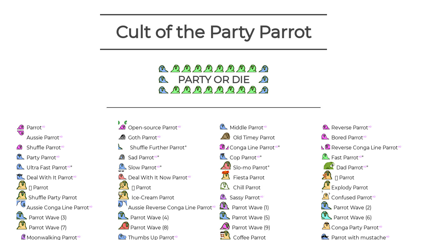 Cult of the Party Parrot Landing page