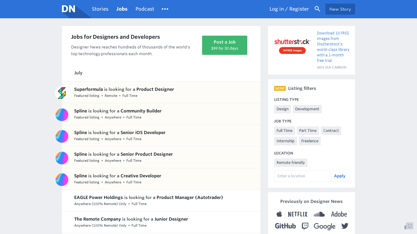 Designer News Jobs Landing page