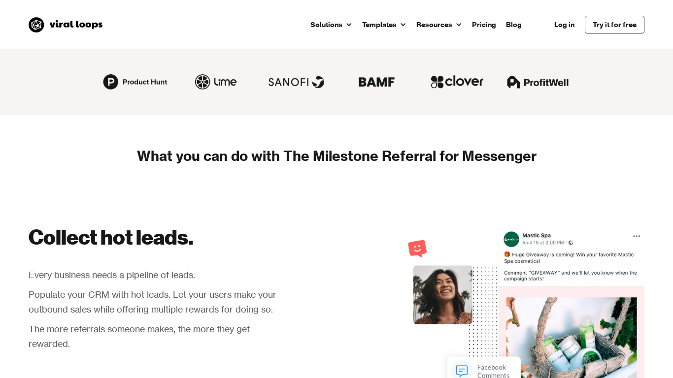 The Milestone Referral for Messenger Landing page