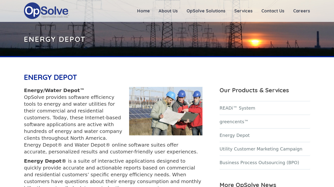 OpSolve Energy Depot Landing page