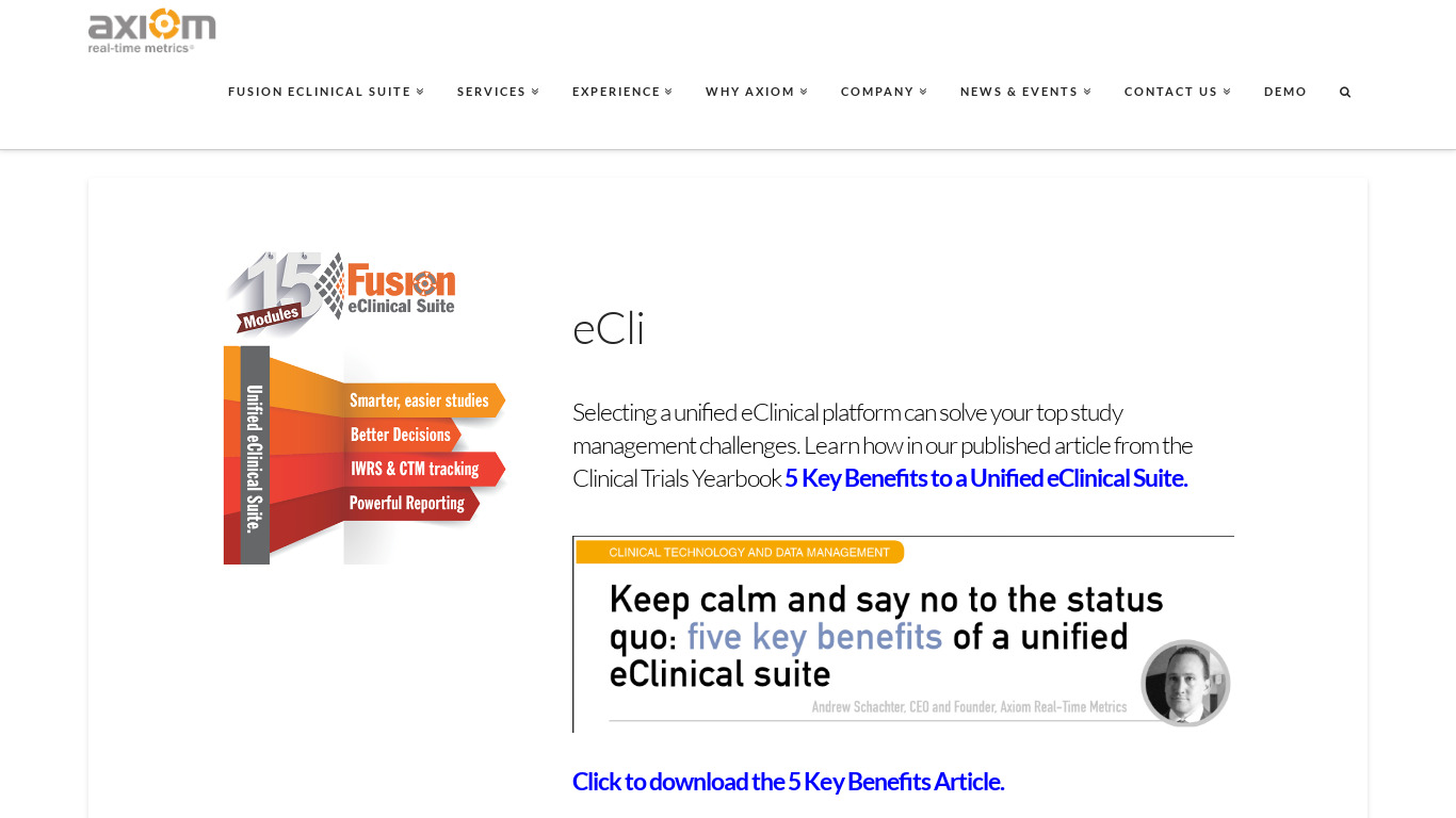 Axiom Fusion eClinical Suite Landing page
