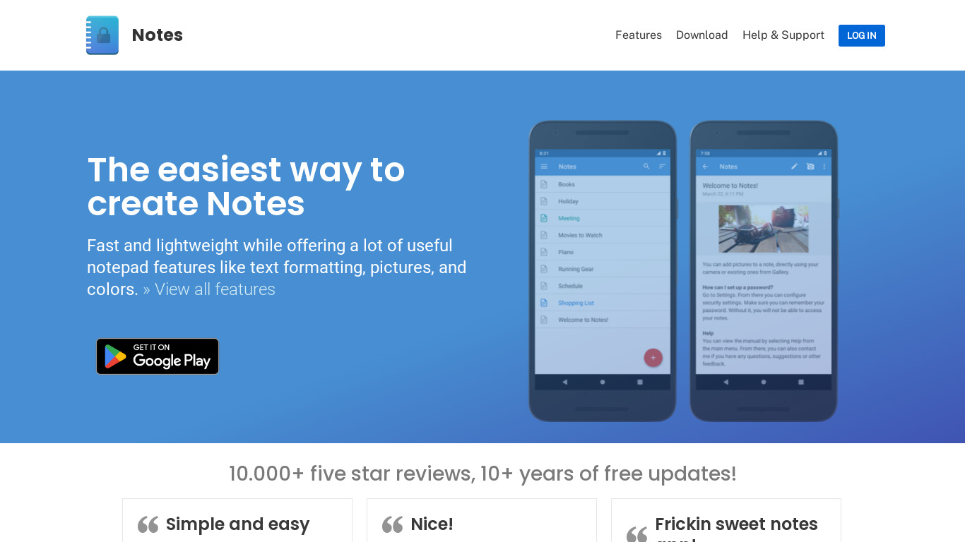 Notes Landing page