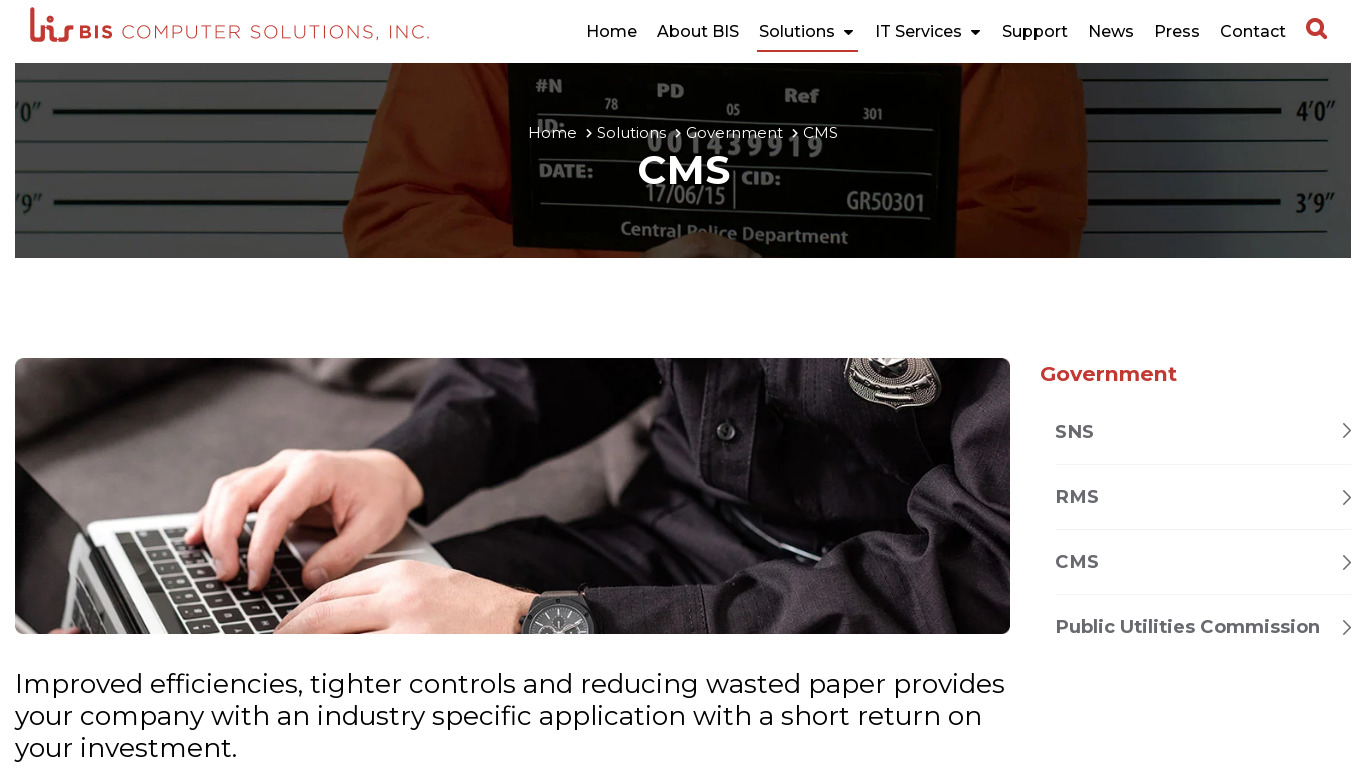 BIS Corrections Management Solution Landing page