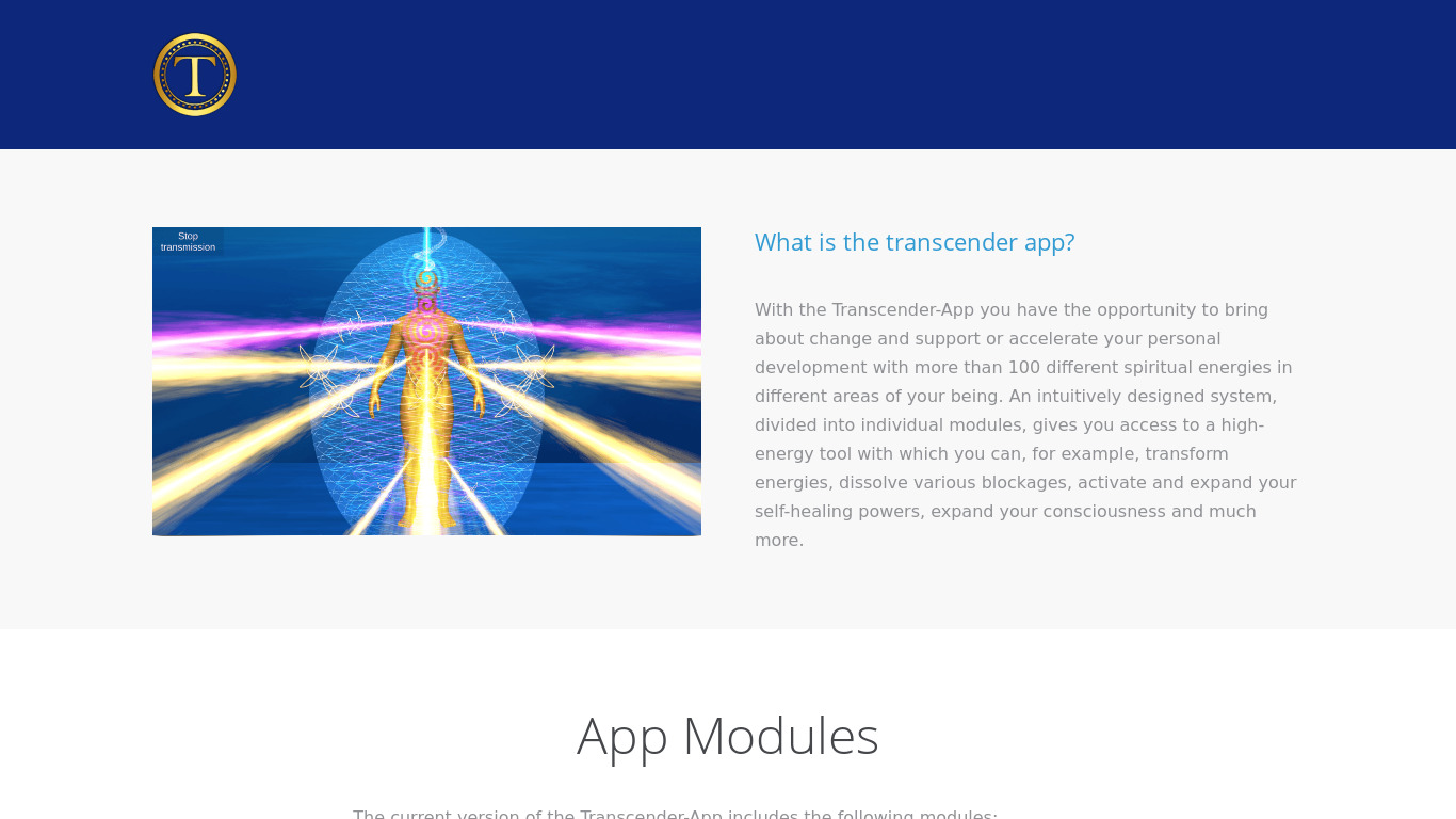 Transcender Healing App Landing page