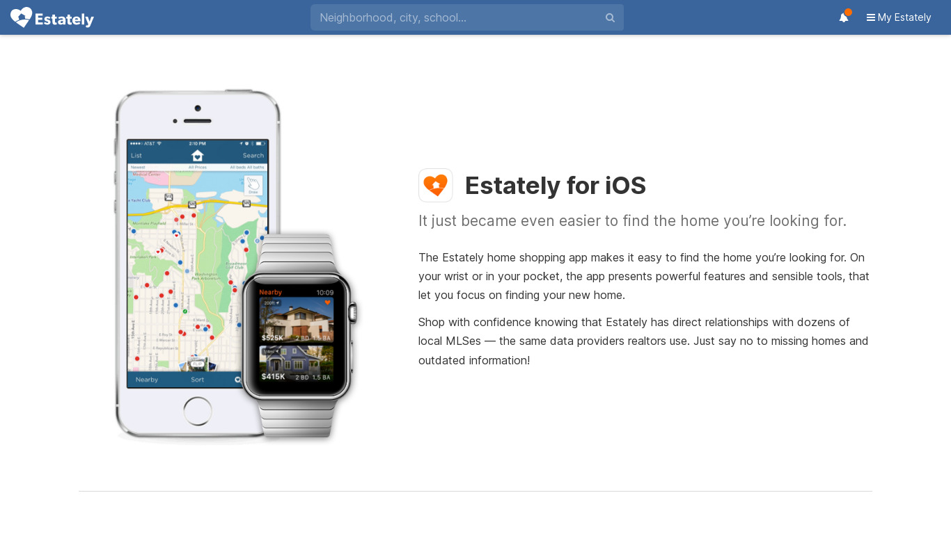 Estately for iOS Landing page