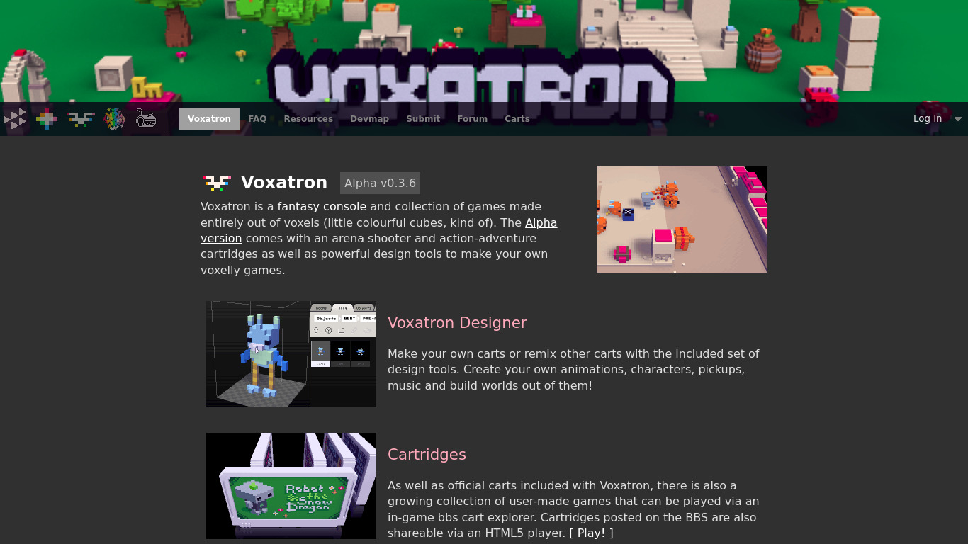 Voxatron Landing page