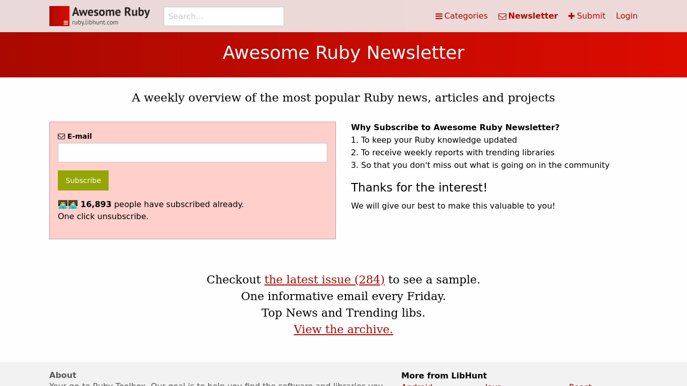 Awesome Ruby Newsletter Landing page
