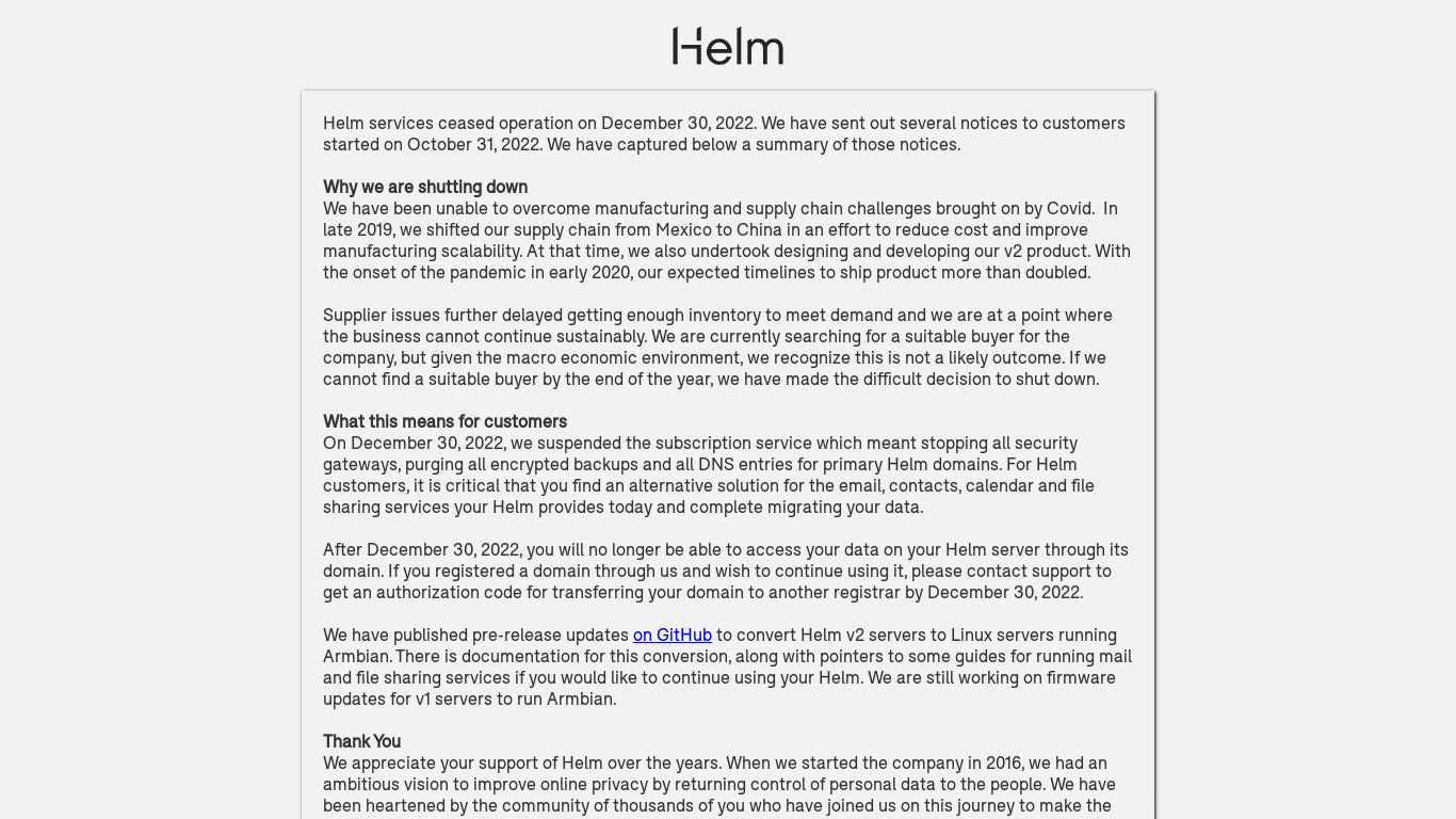 Helm Personal Server Landing page