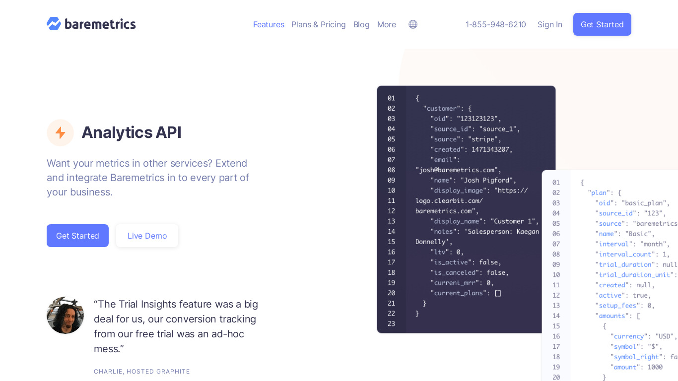 Baremetrics Analytics API Landing page
