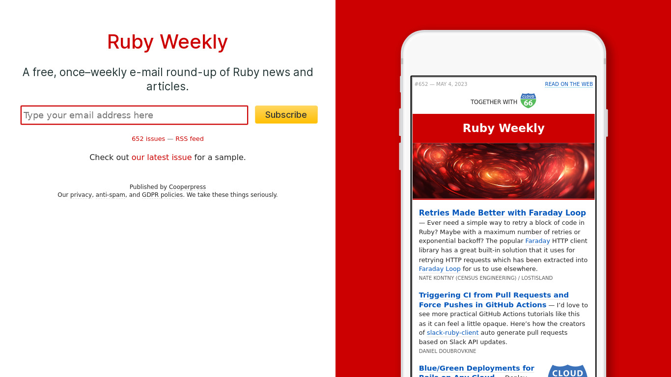 Ruby Weekly Landing page