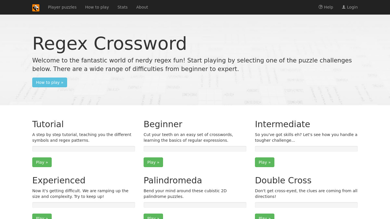 Regex Crossword Landing page
