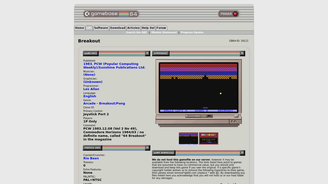 Breakout by GameBase64 Landing page