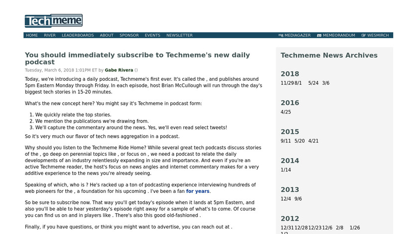 Techmeme Ride Home Podcast Landing Page