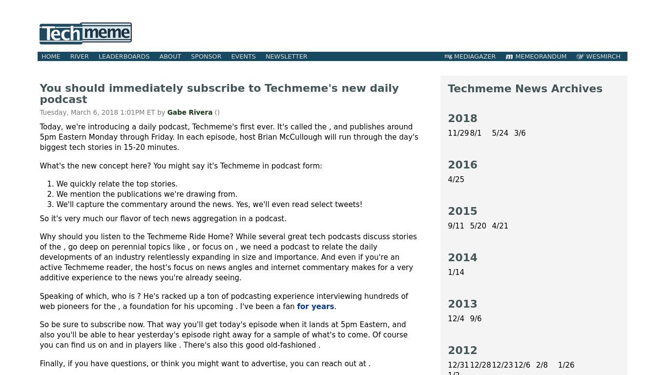 Techmeme Ride Home Podcast Landing page