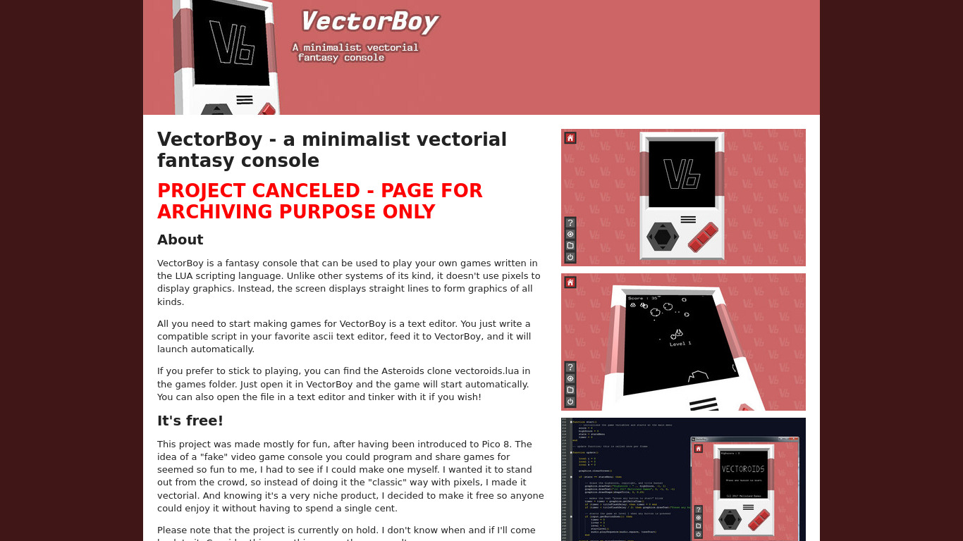 VectorBoy Landing page