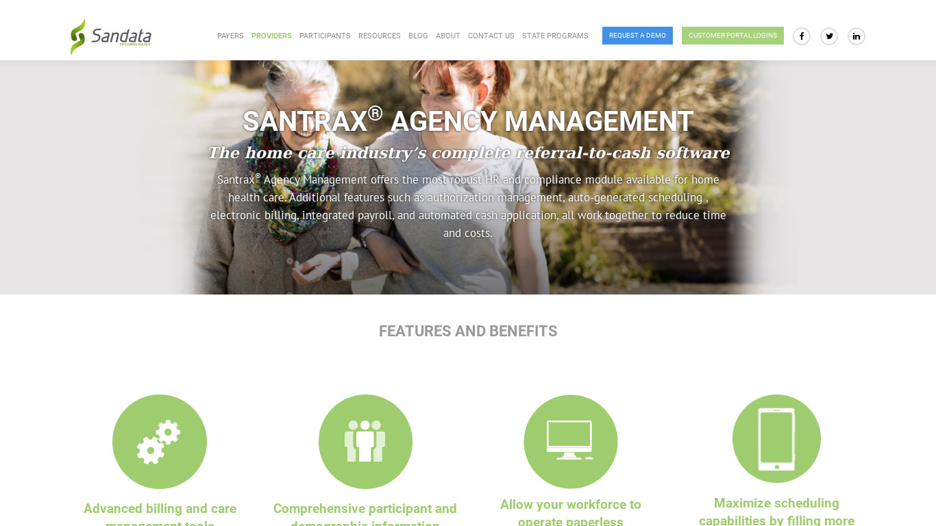 sandata.com Santrax Agency Management Landing page
