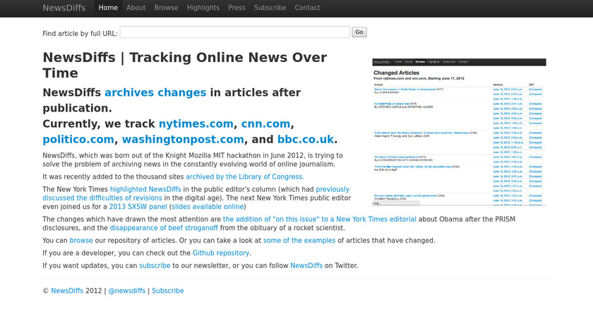 NewsDiffs Landing Page