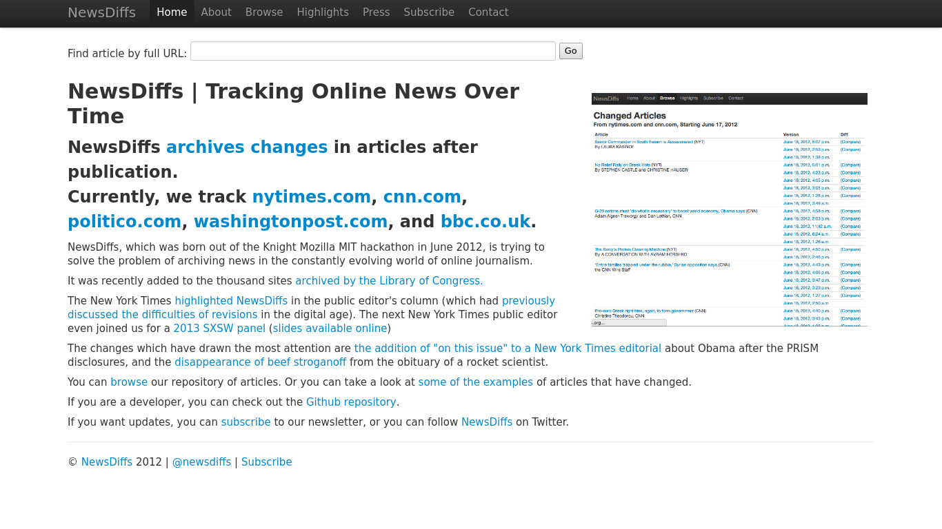 NewsDiffs Landing page