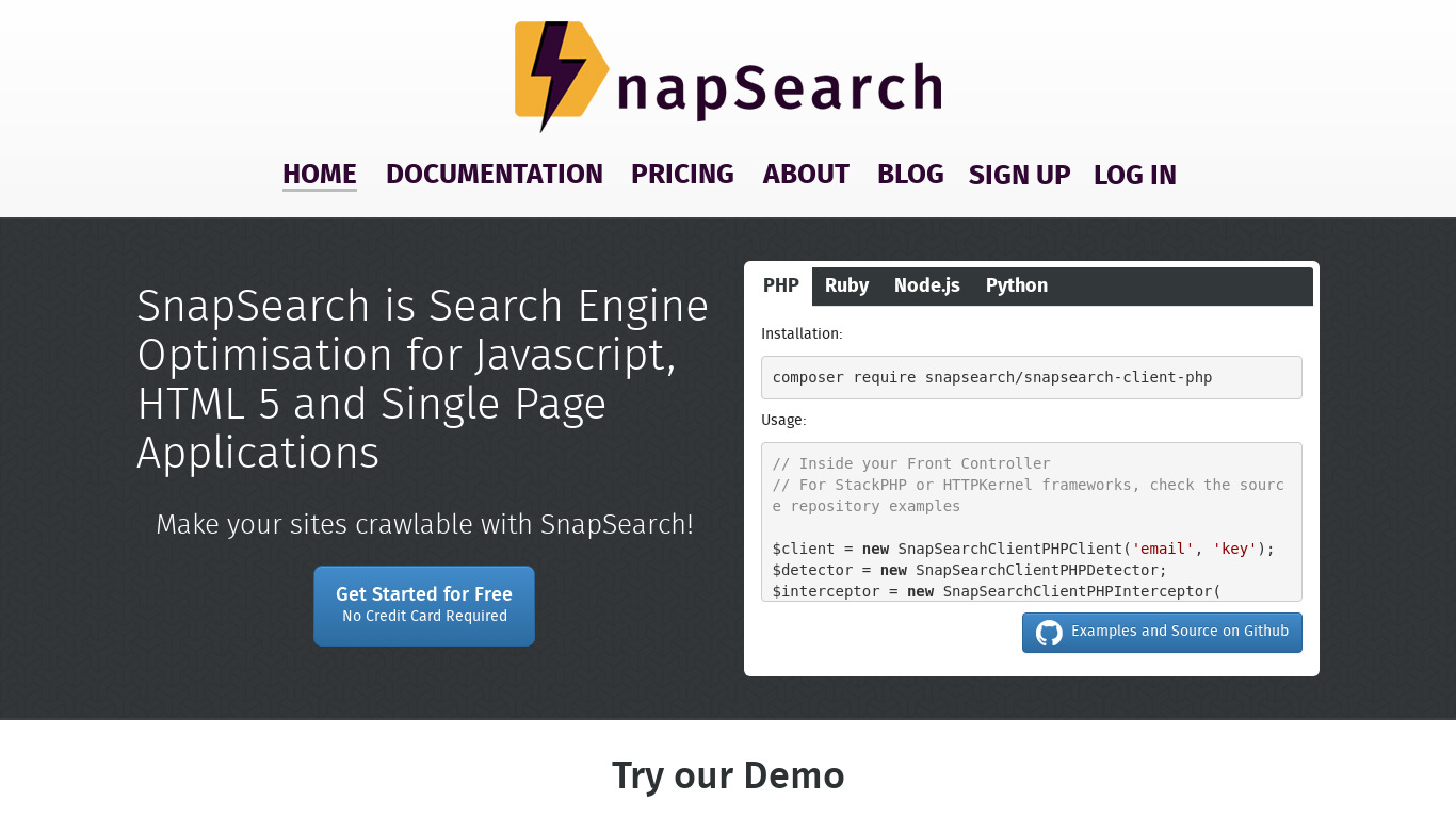 SnapSearch Landing page