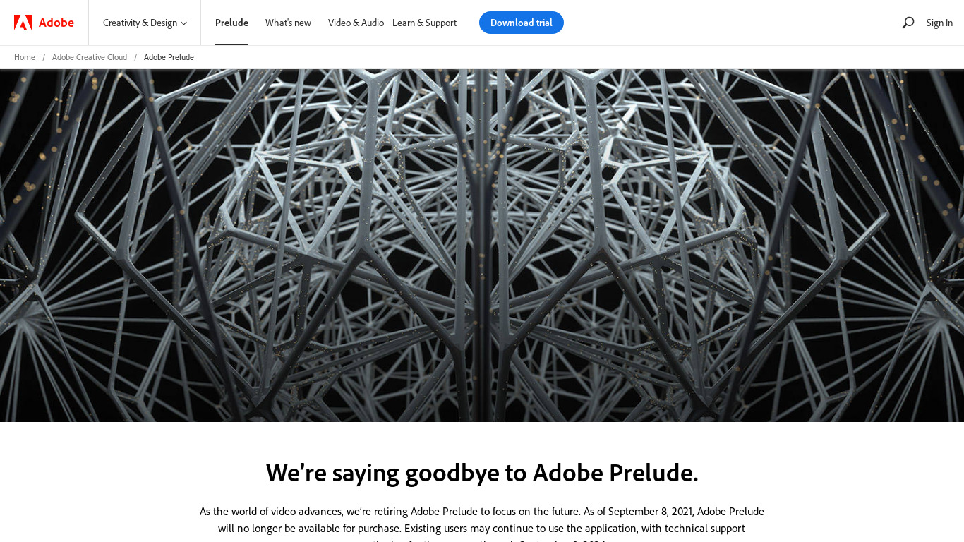 Adobe Prelude Landing page