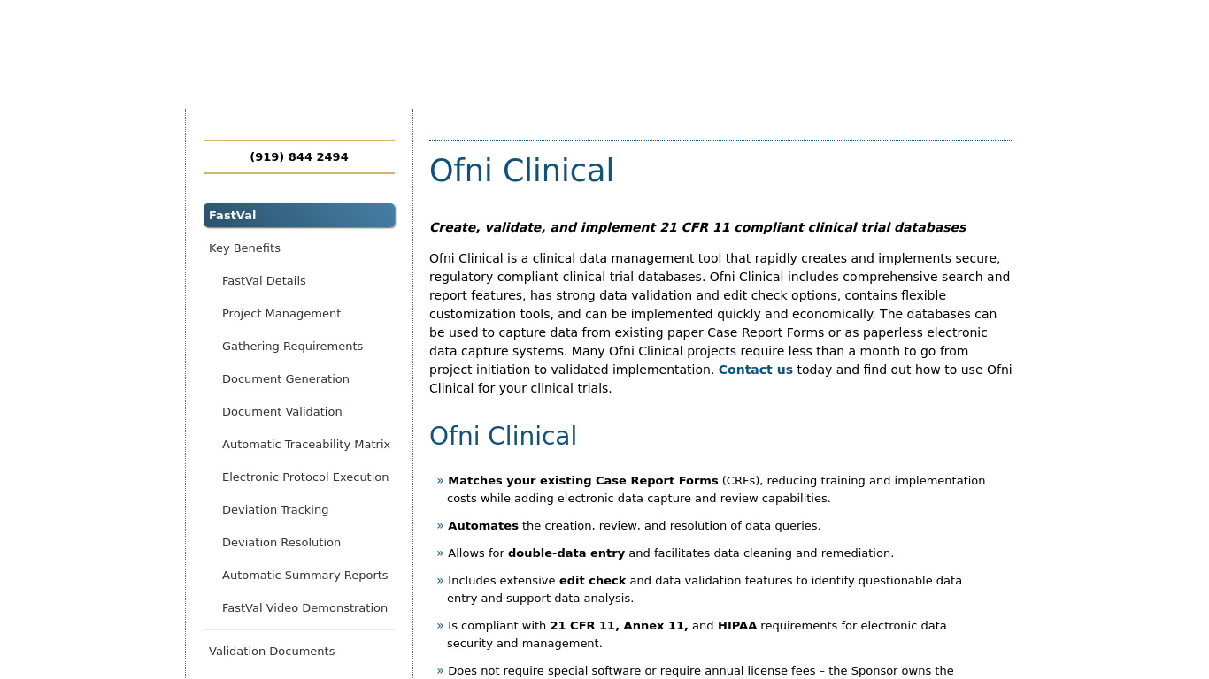 Ofni Clinical Landing page