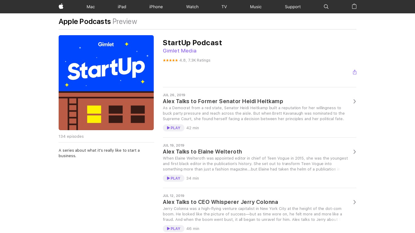 podcasts.apple.com StartUp Landing page