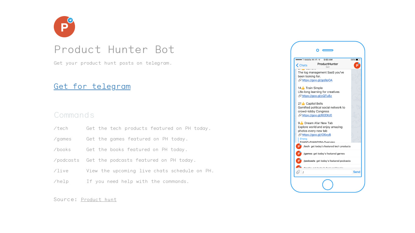 Product Hunter Bot Landing page