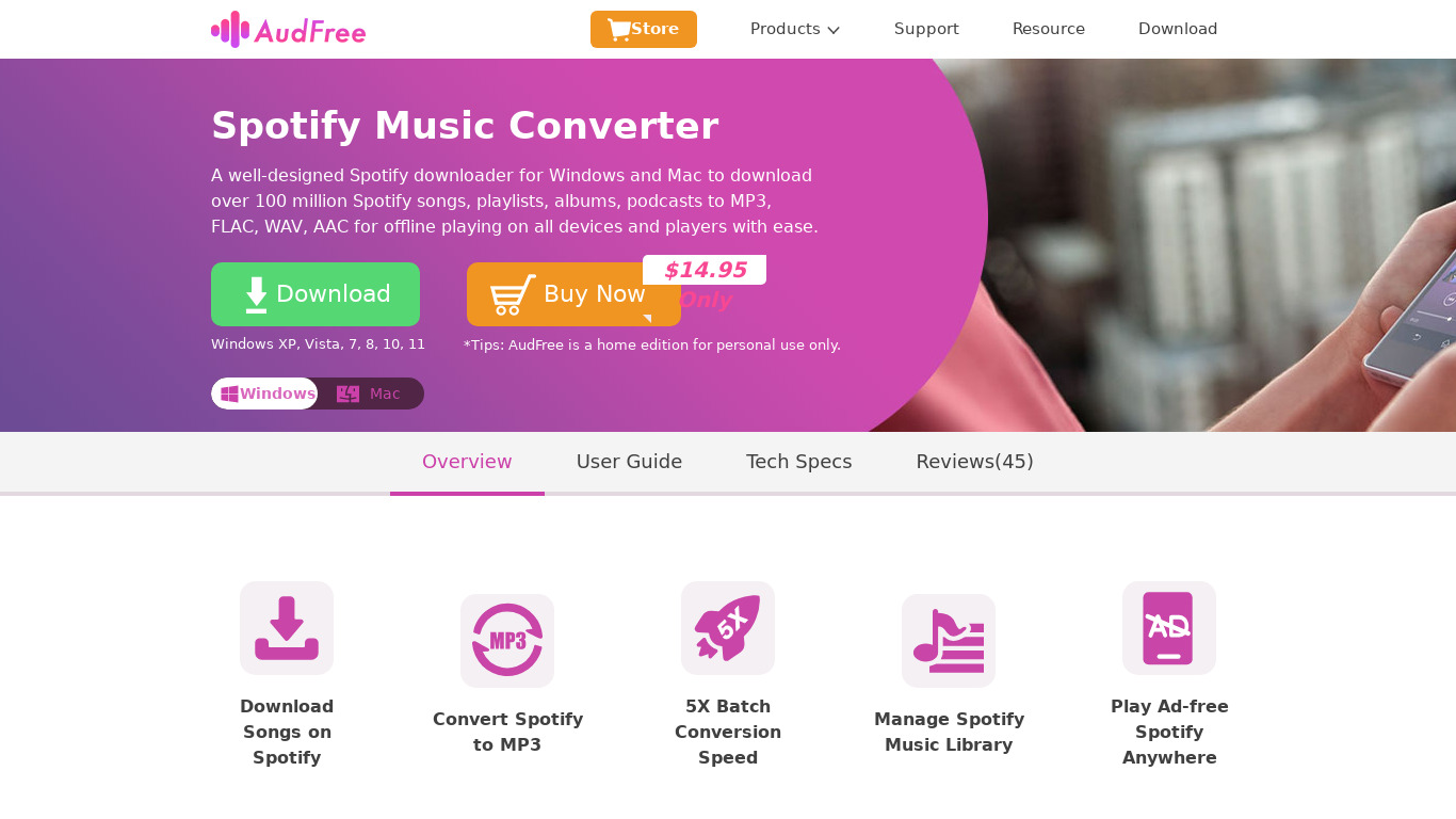 AudFree Spotify Music Converter Landing page