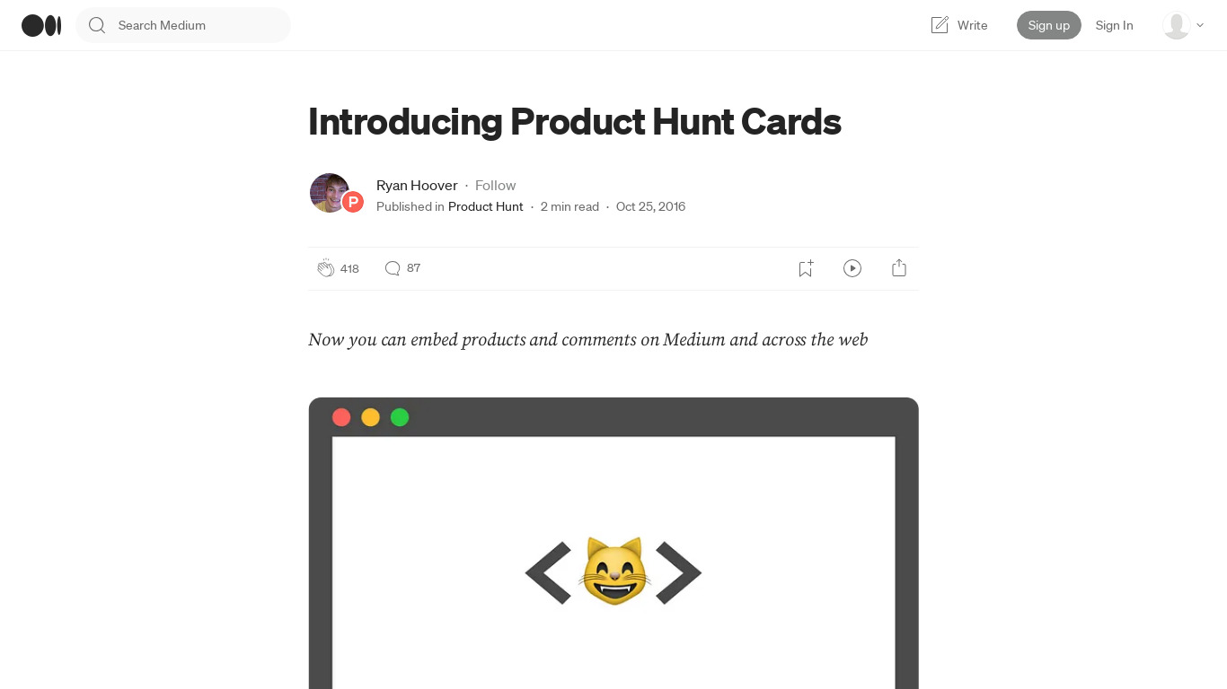 Product Hunt Cards Landing page