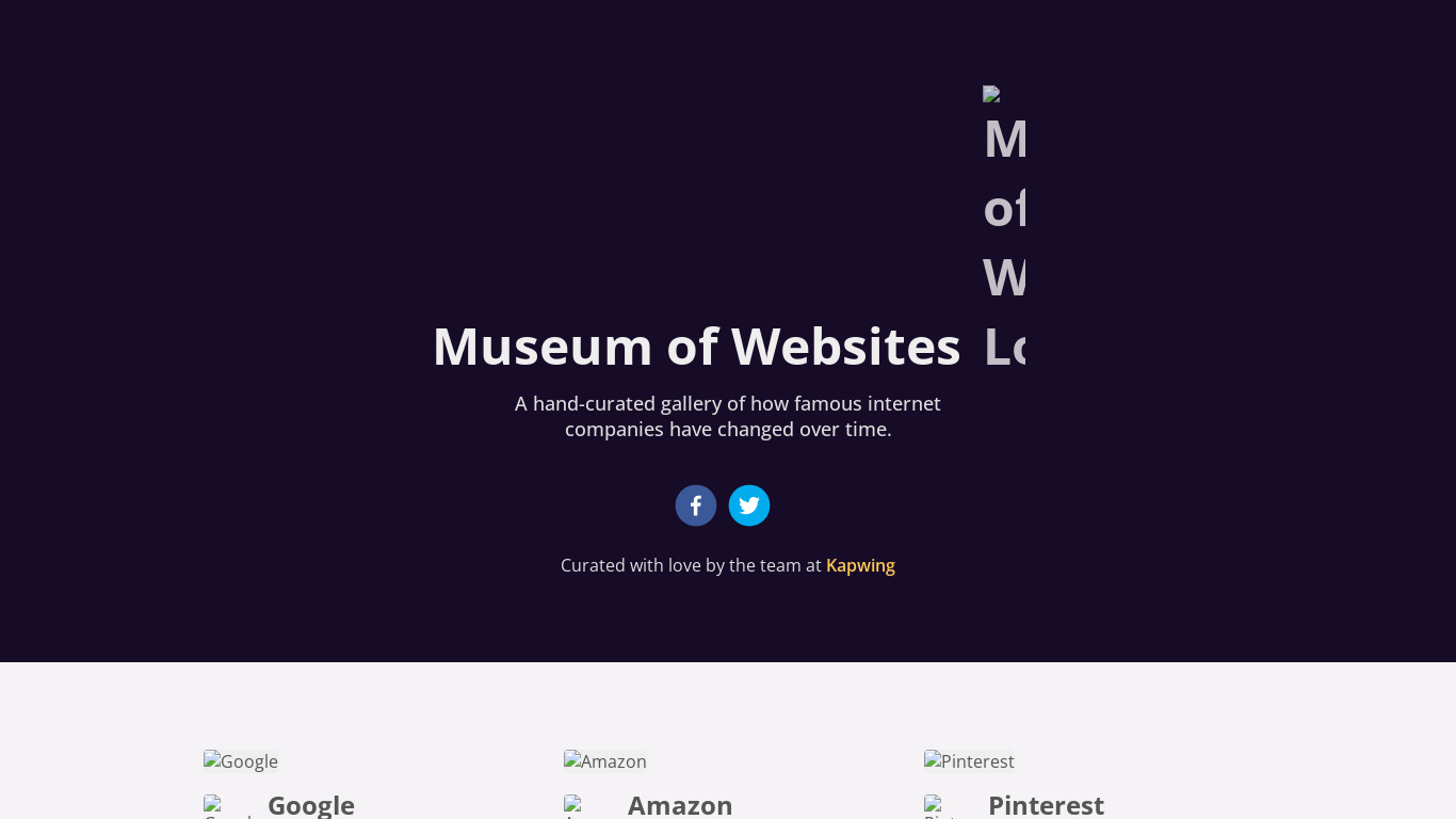 Museum of Websites Landing page