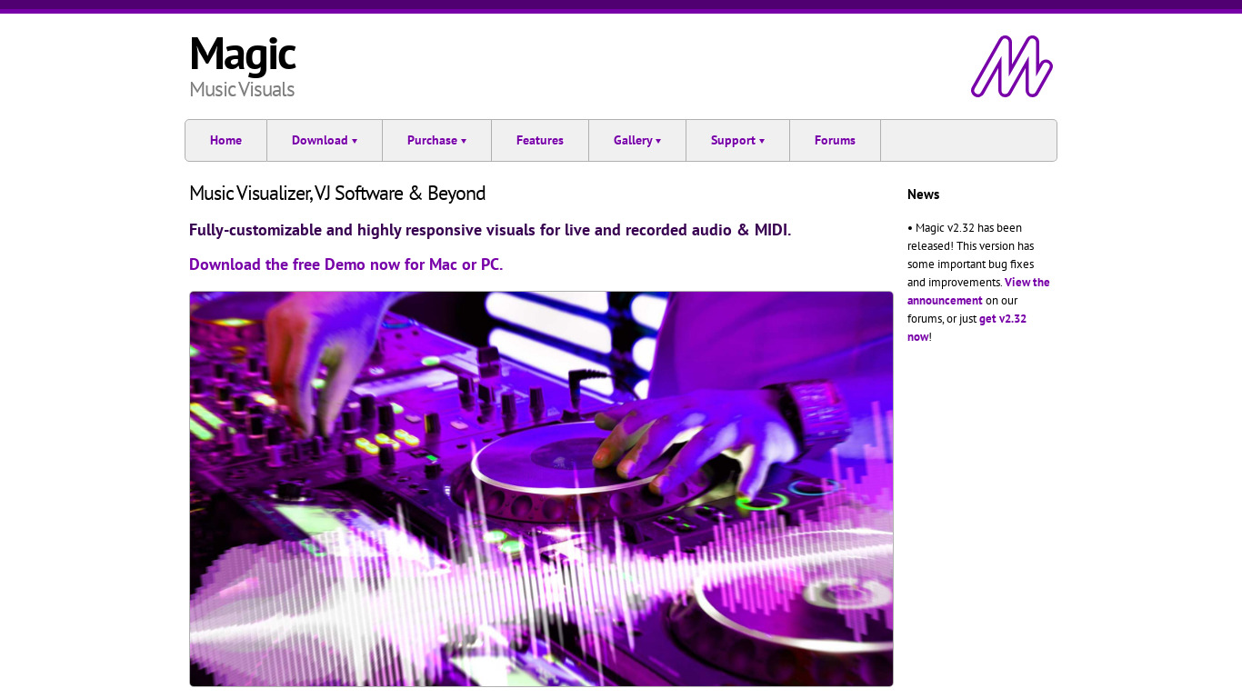 Magic Music Visuals Landing page