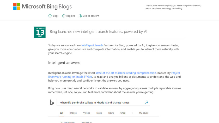 Bing Intelligent Answers Landing Page