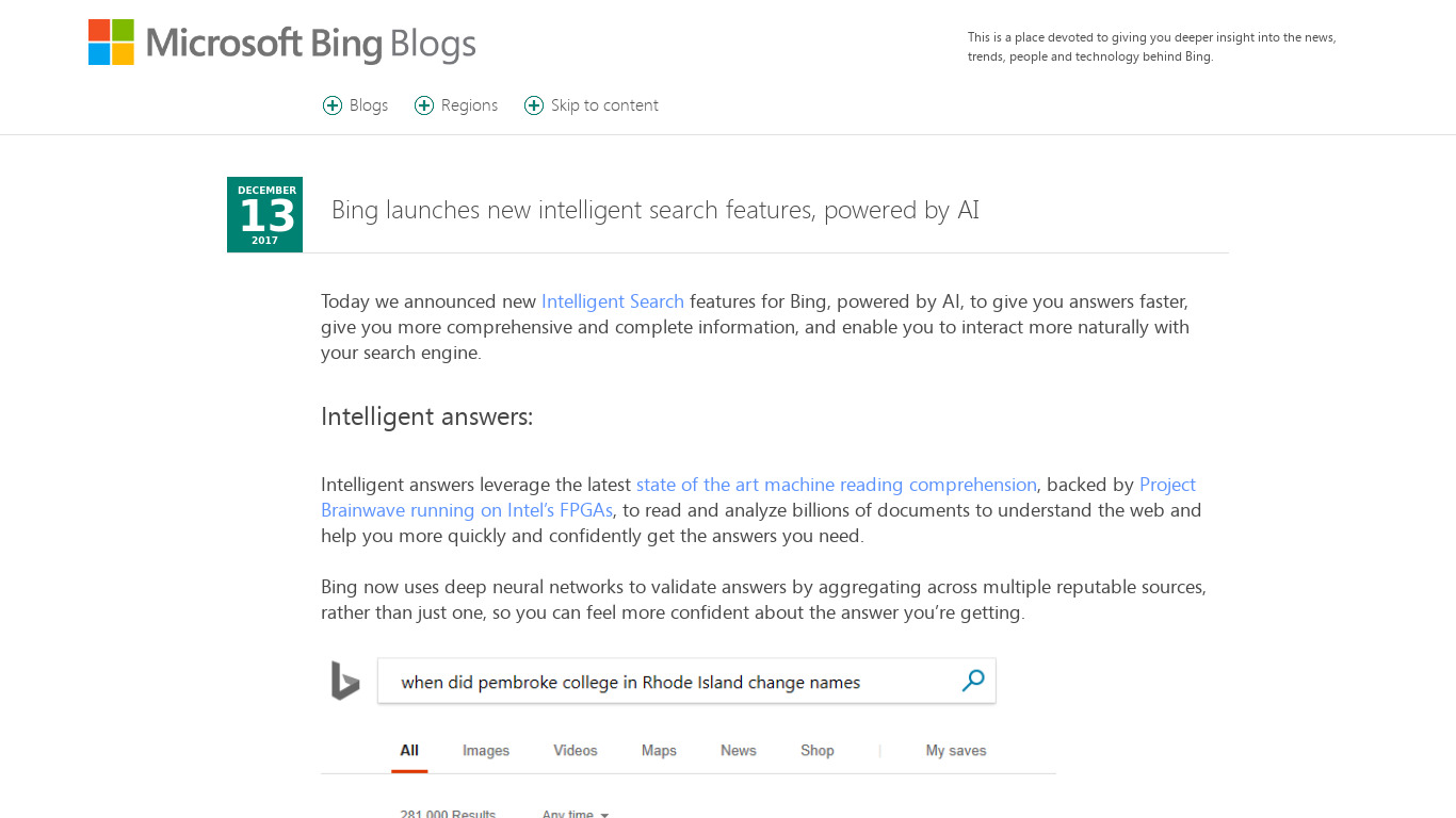 Bing Intelligent Answers Landing page