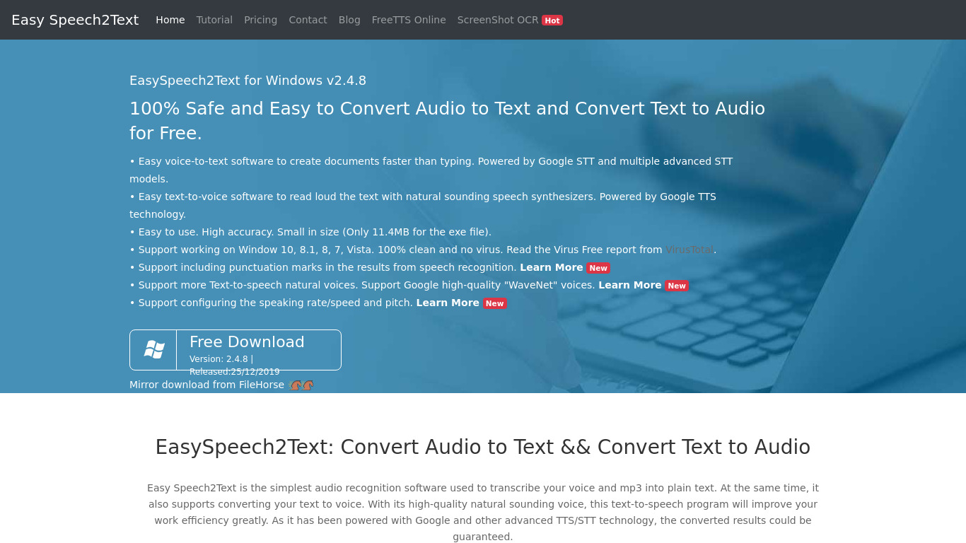 Easy Speech2Text Landing page