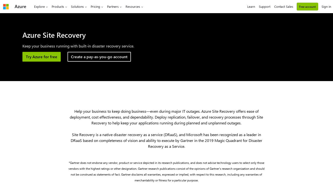 Azure Site Recovery Landing page