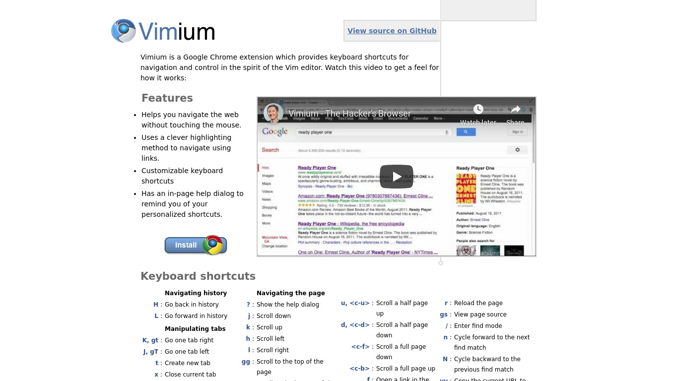 Vimium Landing page