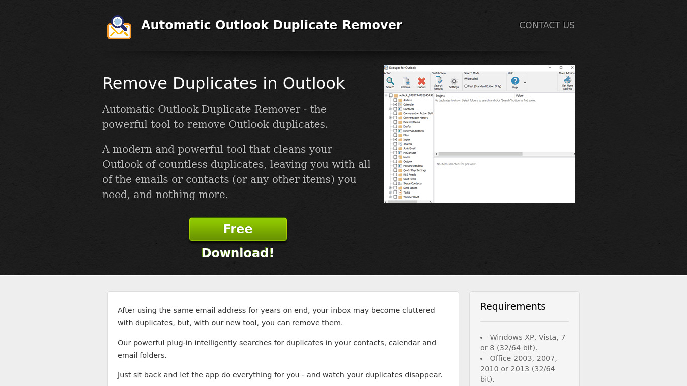 Automatic Outlook Duplicate Remover Landing page