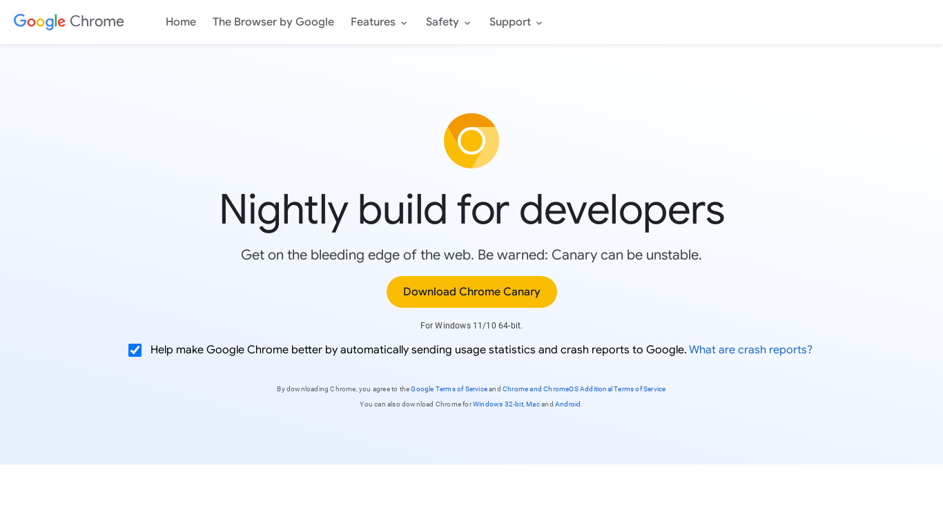 Chrome Canary Landing page