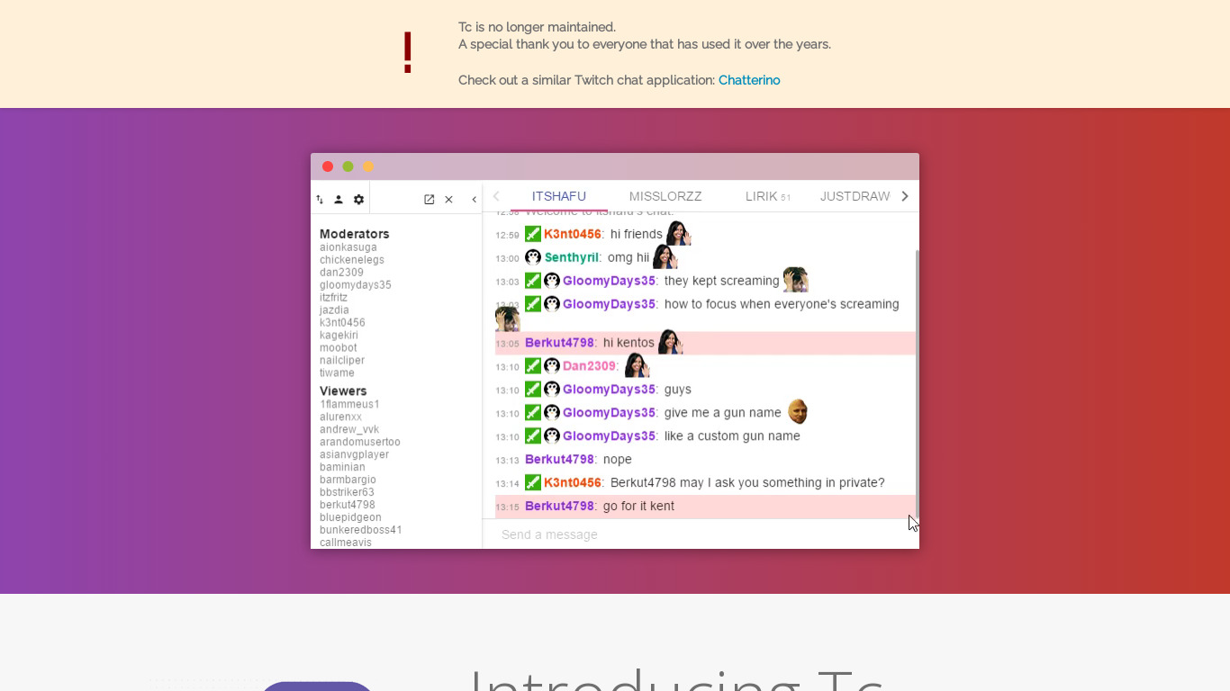 Tc chat client for Twitch Landing page
