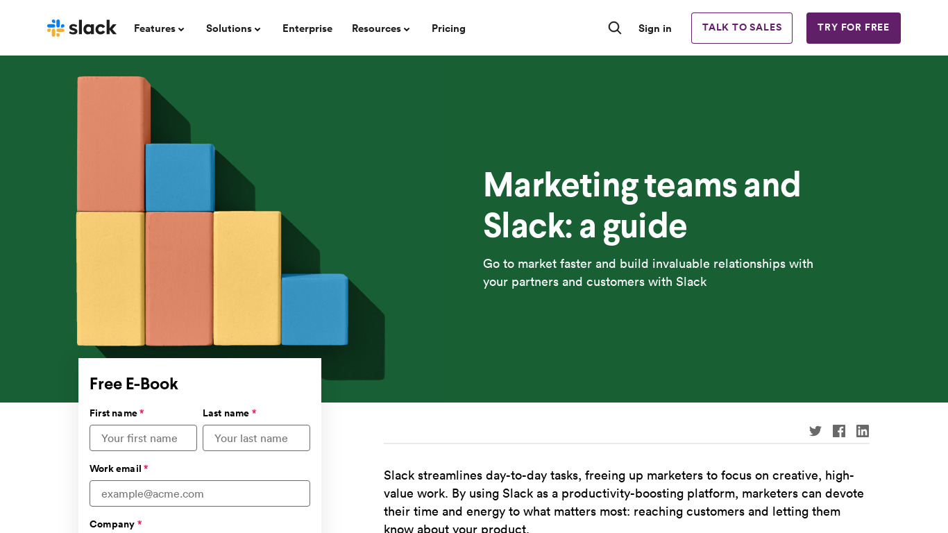 Marketing Teams and Slack Landing page